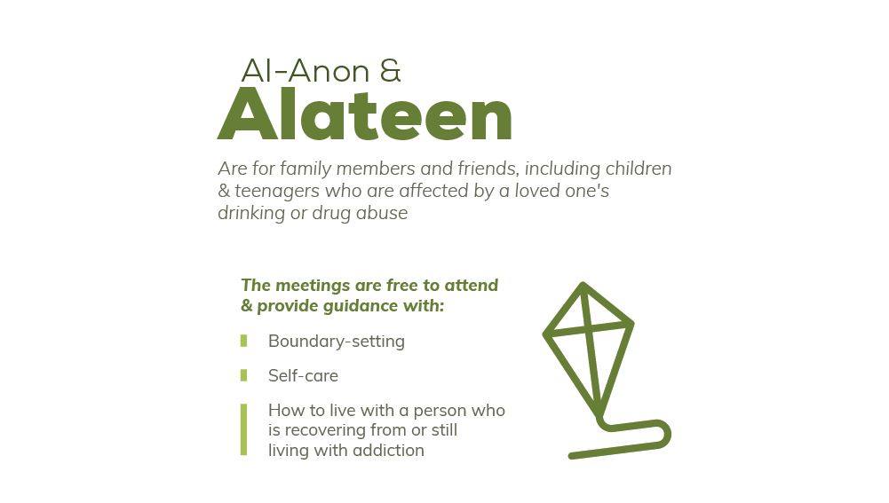 Al anon and alateen are for family members and friends, including children and teenagers who are affected by a loved one's drinking or drug abuse, the meetings are free to attend and provide guidance with boundary setting, self care and how to live with a person who is recovering from or still living with addiction