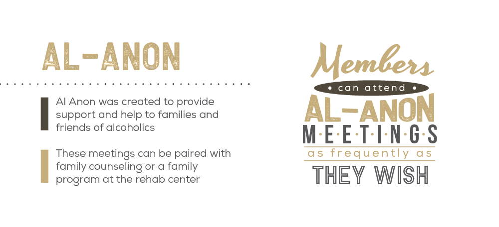 Al anon was created to provide support and help to families and friends of alcoholics. Al Anon meetings can be paired with family counseling or a family program at the rehab center. Members of al anon can attend al anon meetings as frequently as they wish