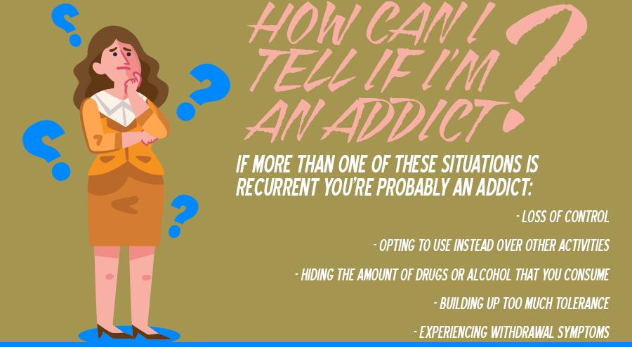 How can I tell if I'm an addict? You are probably an addict if you have loss of control, you are opting to use instead over other activities, you hide the amount of drugs or alcohol that you consume, you build up to much tolerance and you are experiencing withdrawal symptoms